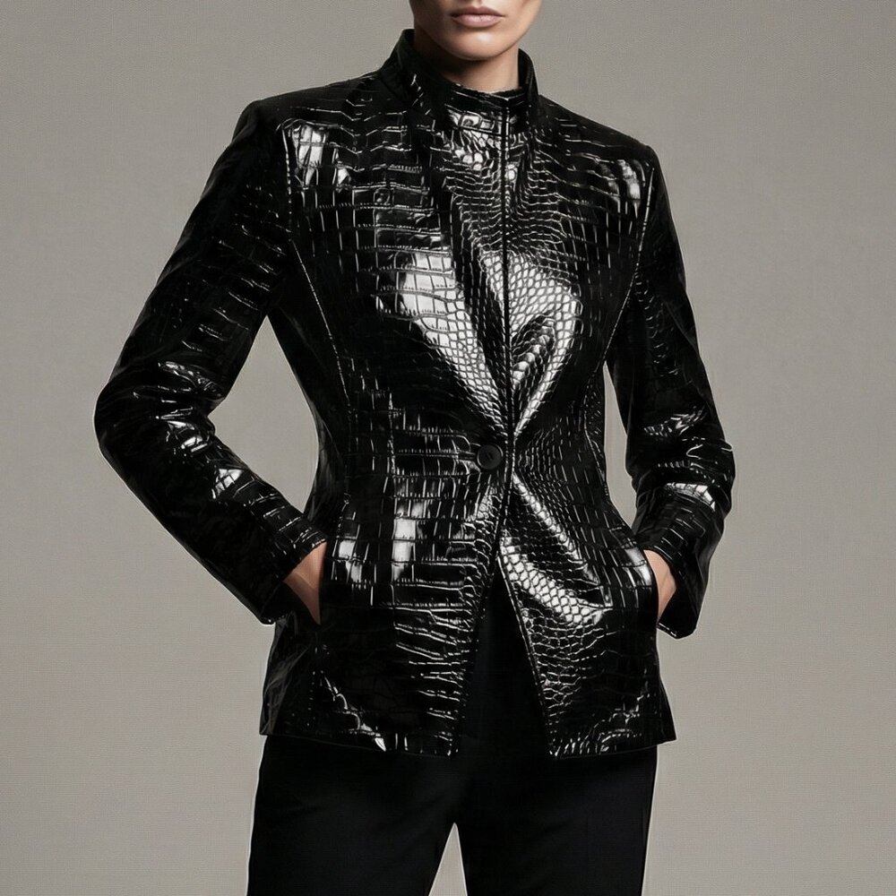 STYLEWE Black Croc-Embossed Patent Leather Blazer Jacket